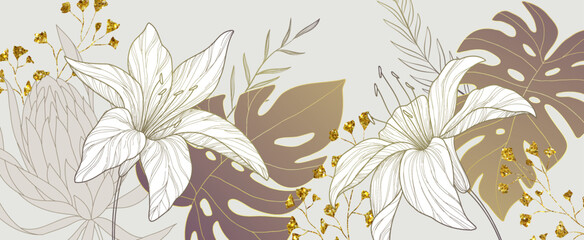 Botanical line bakground with flowers and leaves. Floral foliage for wedding invitation, wall art or card template. Vector illustration. Luxury rustic trendy art © merfin