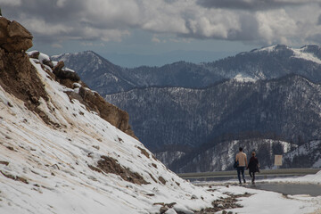 Fototapeta na wymiar hiker on the top of mountain love