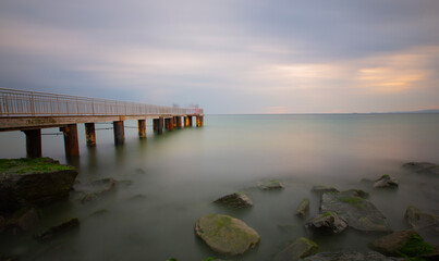 Sea of Marmara, the most beautiful coastline of Istanbul, piers and boats were shot with long...