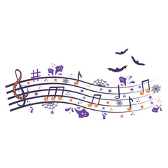 Black spider web with treble clef with pumpkin, bats and notes. Musical Composition at Halloween Party