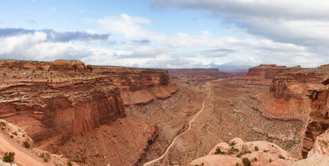 Scenic Panoramic View of American Landscape and Red Rock Mountains in Desert Canyon. Colorful Sky...