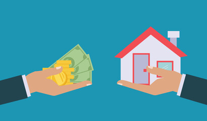 Hand holds house and giving, receiving golden coins from other hand. Concept for home agent, sale and rent of a house and buyer or customer