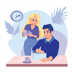 People work in office. Concept of teamwork, modern workspace, creative staff. Vector cartoon illustration of team job.