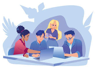People work in office. Concept of teamwork, modern workspace, creative staff. Vector cartoon illustration of team job.