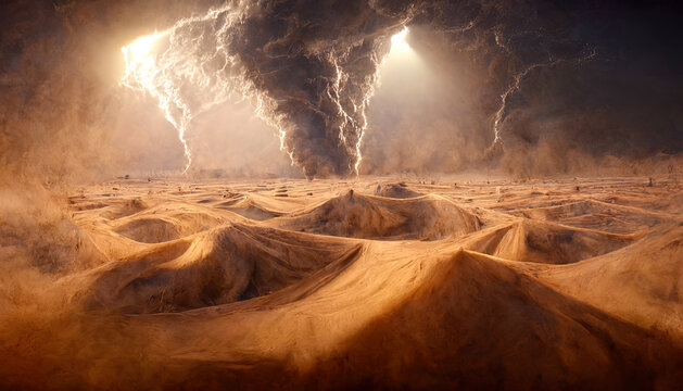 Desert Landscape, Sandstorm, Sand Morch, Dramatic Cloudy Sky, Unreal World, Apocalypse. 3D Illustration