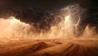 Desert landscape, sandstorm, sand morch, dramatic cloudy sky, unreal world, apocalypse. 3D illustration - obrazy, fototapety, plakaty