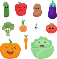 A set of cartoon-style vegetables highlighted on a transparent background. PNG. Food characters with eyes and different emotions. Templates for printing. Harvesting.