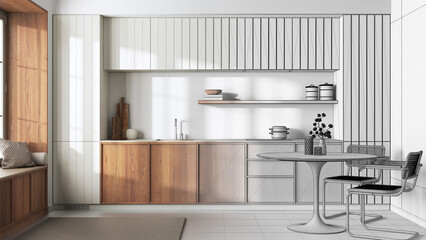 Architect interior designer concept: hand-drawn draft unfinished project that becomes real, japandi trendy wooden kitchen and dining room. Cabinets and big window