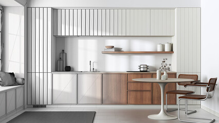 Architect interior designer concept: hand-drawn draft unfinished project that becomes real, japandi trendy wooden kitchen and dining room. Cabinets and big window