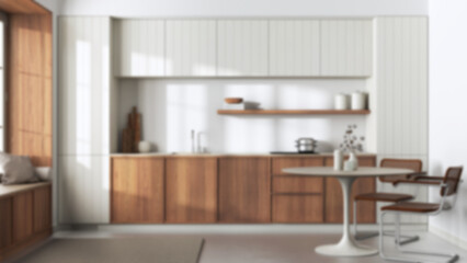 Fototapeta na wymiar Blurred background, japandi trendy wooden kitchen and dining room. Wooden cabinets, contemporary wallpaper and big window. Minimalist interior design