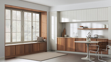 Modern trendy kitchen and dining room in white and beige tones. Wooden cabinets and big window. Minimalist japandi interior design