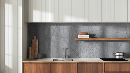 Japandi wooden kitchen close up in white and gray tones. Modern cabinets, wallpaper, shelf with decors and sink. Minimalist interior design