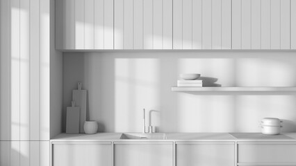 Fototapeta na wymiar Total white project draft, japandi wooden kitchen close up. Modern cabinets, wallpaper, shelf with decors and sink. Minimalist interior design