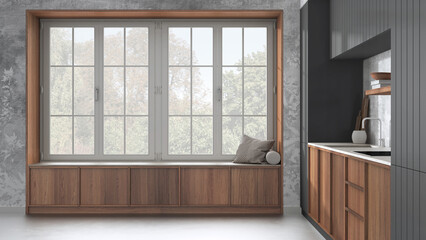 Fototapeta na wymiar Modern cozy kitchen and big window with bench in white and dark tones. Wallpaper and concrete floor. Minimalist japandi interior design