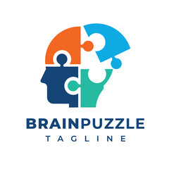 Human face brain intelligence colored puzzle illustration, symbol, template, vector design icon