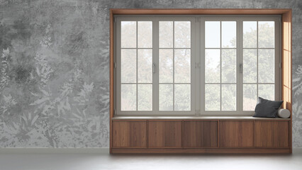 Country panoramic window with wooden siting bench in white and gray tones. Wallpaper background with copy space