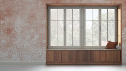 Country panoramic window with wooden siting bench in white and orange tones. Wallpaper background with copy space