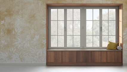 Country panoramic window with wooden siting bench in white and yellow tones. Wallpaper background with copy space