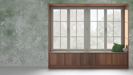 Fototapeta na wymiar Country panoramic window with wooden siting bench in white and green tones. Wallpaper background with copy space
