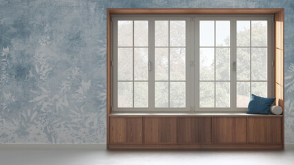 Country panoramic window with wooden siting bench in white and blue tones. Wallpaper background with copy space