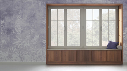 Country panoramic window with wooden siting bench in white and purple tones. Wallpaper background with copy space