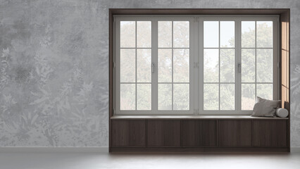 Country panoramic window with wooden siting bench in white and dark tones. Wallpaper background with copy space