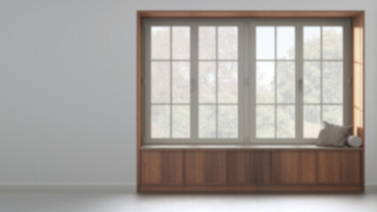 Blurred background, country panoramic window with wooden siting bench. Background with copy space