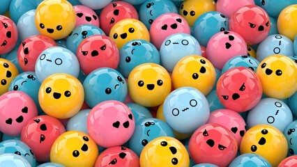 Many colored balls with different facial expressions. 3D rendering background