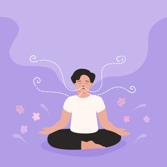 A man doing inhale exhale breath exercise for calm stress relief in flat vector style illustration.