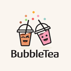 Two cute milk tea bubble cartoon characters vector. Milk tea logo design,template
