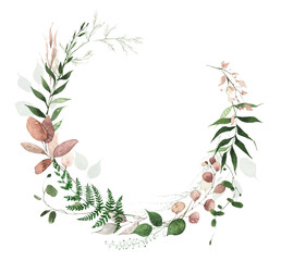 Watercolor autumn greenery semicircle frame. Beige, burgundy, green wild eucalyptus and fern branches, leaves and twigs.