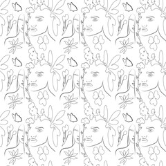Modern minimalistic portraits with plants in doodles. A set of seamless abstract modern faces with a pattern in the form of a single drawn line. Continuous printing on fabric.