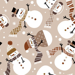 Cute snowmen seamless vector pattern. Perfect for textile, wallpaper or print design.