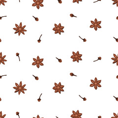 Fototapeta na wymiar Seamless pattern stars anise and cloves, fragrant winter spices, vector illustration background.