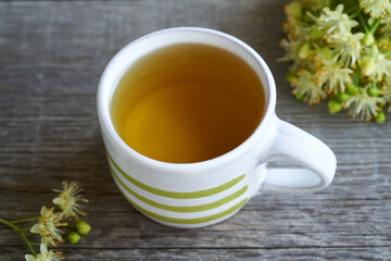 A cup of herbal tea with fresh linden flowers in spring