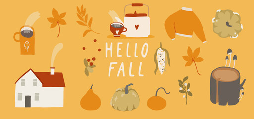 Autumn banner, Fall bundle of cute and cozy design elements. Set of fall leaves, foliage, pumpkins, house, sweater, kettle and tea cup. Colored flat vector illustration collection isolated