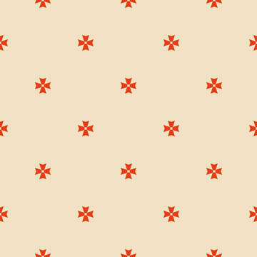 Vector geometric floral ornament. Simple minimalist seamless pattern. Ornamental texture with small flower shapes, cross. Orange and beige abstract background. Modern repeat design for decor, wrapping