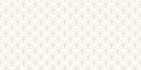 Art deco seamless pattern. Vector geometric linear background with thin curved lines, fish scale ornament, grid, lattice. Luxury gold and white abstract texture. Simple wide minimal golden design