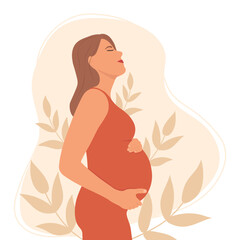 Happy pregnant woman holding her belly. The expectation of child. Vector illustration.