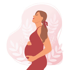 Happy pregnant woman holding her belly. The expectation of child. Vector illustration.