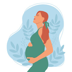 Happy pregnant woman holding her belly. The expectation of child. Vector illustration.