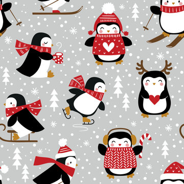 Seamless vector pattern with cute penguins and snowflakes. Perfect for textile, wallpaper or print design.