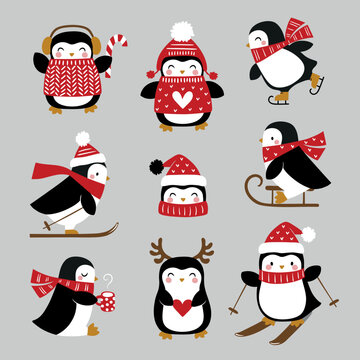 Cute winter penguin vector sticker set.