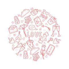 Red vector items, set Valentine day and weddings icons doodle. Design for prints, cards and coloring page.