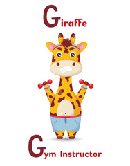 Latin alphabet ABC animal professions starting with letter g giraffe gym instructor in cartoon style.