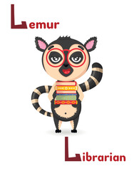 Latin alphabet ABC of animal professions starting with letter l lemur librarian in cartoon style.