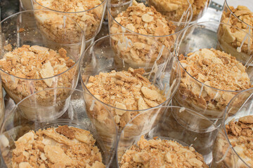 Sweet delicious dish. Pieces of pie. Fragrant pastries. Napoleon cake. Dessert on a plate. Biscuit...