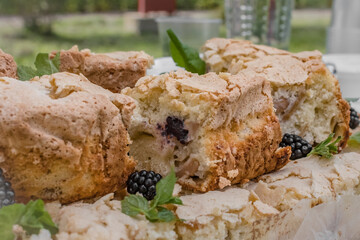 Sweet delicious dish. Pieces of pie. Fragrant pastries. Napoleon cake. Dessert on a plate. Biscuit with berries.