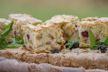 Sweet delicious dish. Pieces of pie. Fragrant pastries. Napoleon cake. Dessert on a plate. Biscuit with berries.