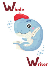 Latin alphabet ABC animal professions starting with letter w whale writer in cartoon style.